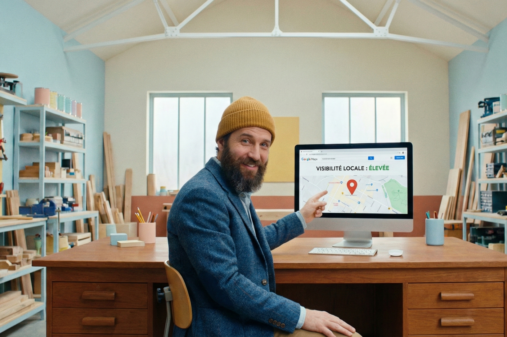 Artisan travaillant dans son atelier et analysant sa visibilité locale sur Google
